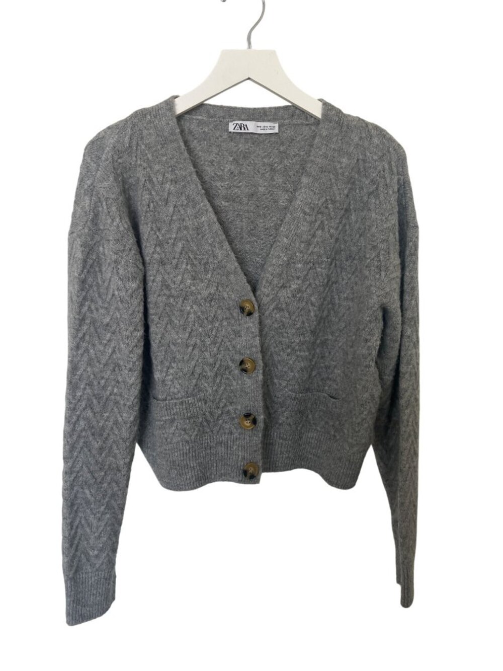 Zara Gray Button-Up Chevron Knit Cardigan Sweater